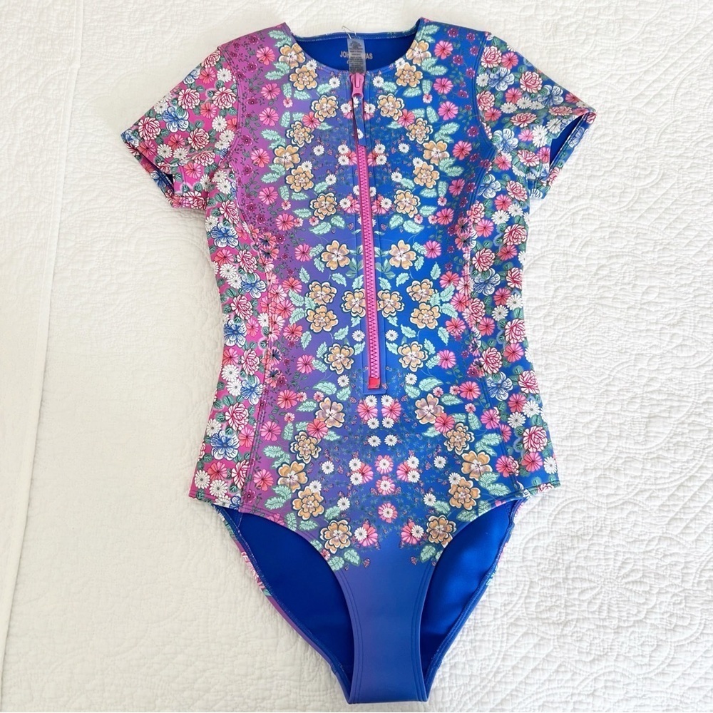 Johnny Was Blue Floral Neoprene Zip One Piece Swimsuit Size Small S NWOT